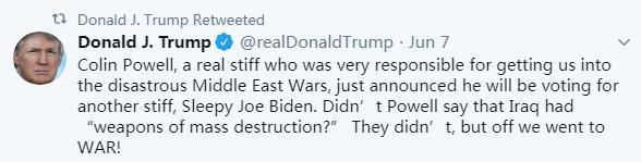 2020年6月7日,美國前總統特朗普在社交媒體“推特”上指責美國前國務卿鮑威爾。圖片來源:特朗普社交媒體截圖